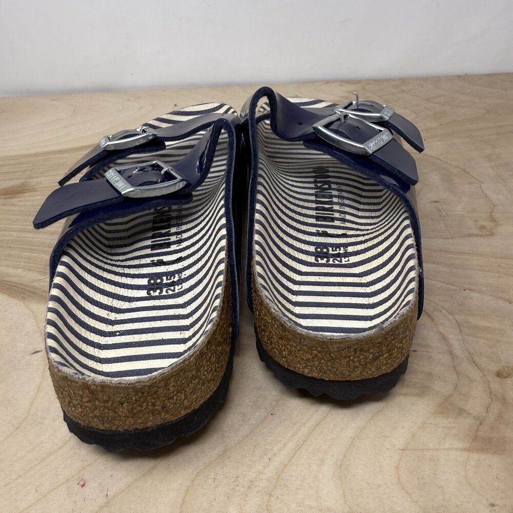 Birkenstock Navy Patent Two-Strap Sandals with Striped Footbed - Picture 6 of 9